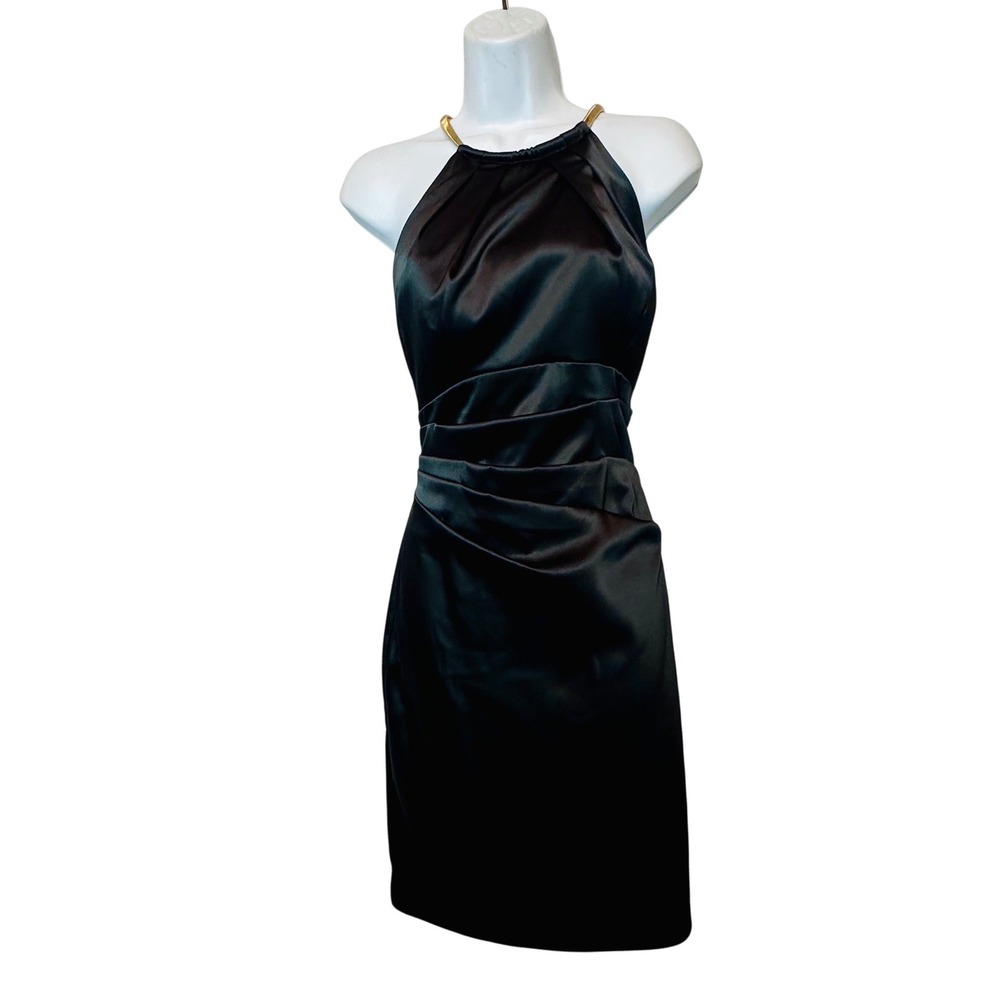 Eliza J Black Satin Halter Neck Ruched Waist Sheath Dress Size 8‎